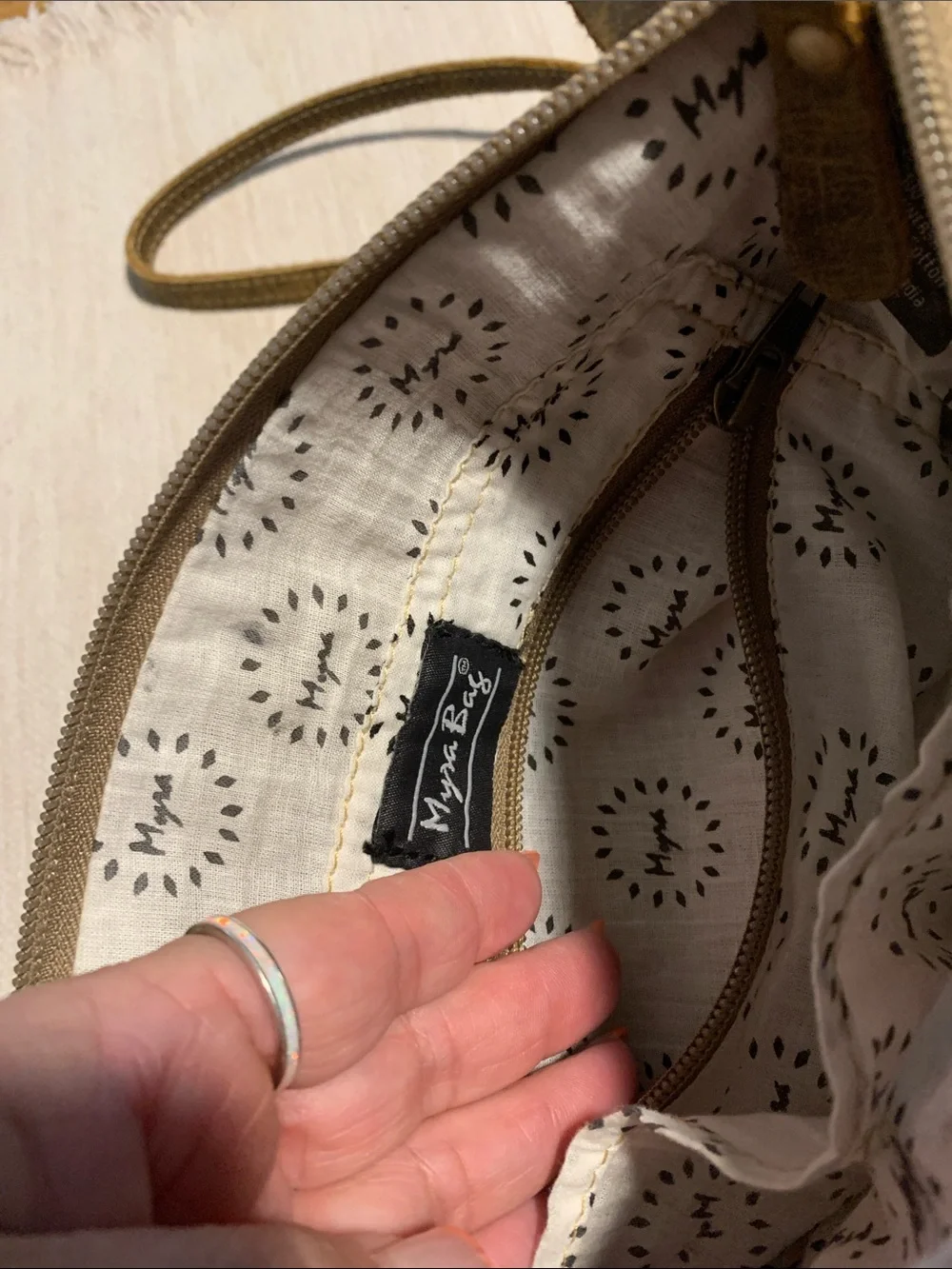 Myra Bag Crossbody purse Olive Green Design w/Brown Leather